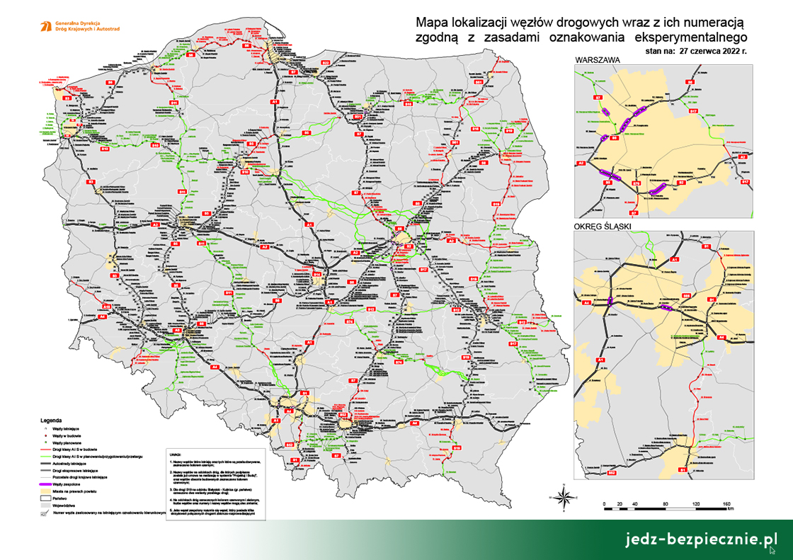 Polskie drogi - mapa z docelowymi nazwami i numeracja węzłów na autostradach i drogach ekspresowych